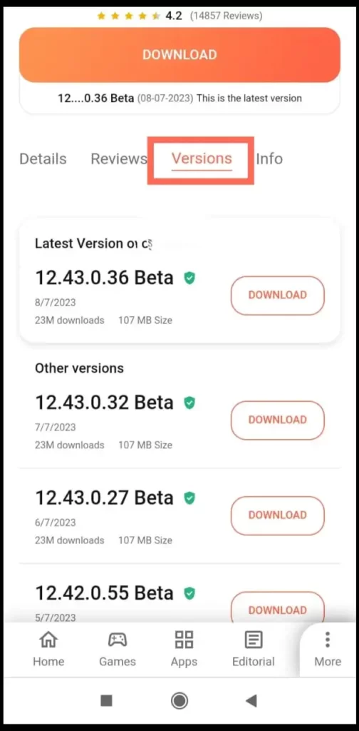 Aptoide versions button