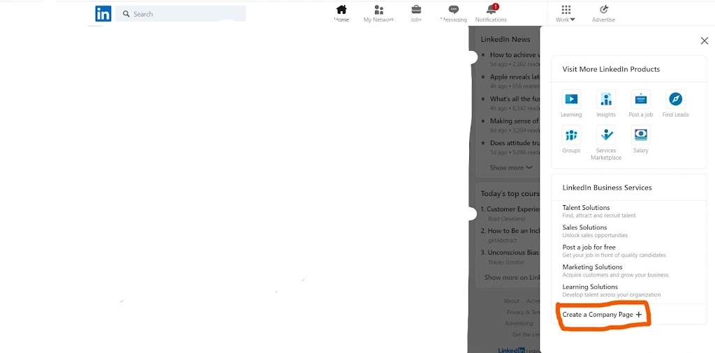 LinkedIn Create a Company Page Button